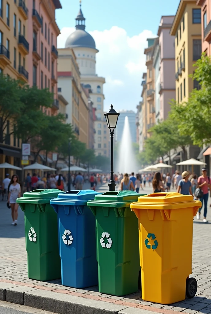 generate an image of recycling bins lined up on a sidewalk near a Brazilian city square