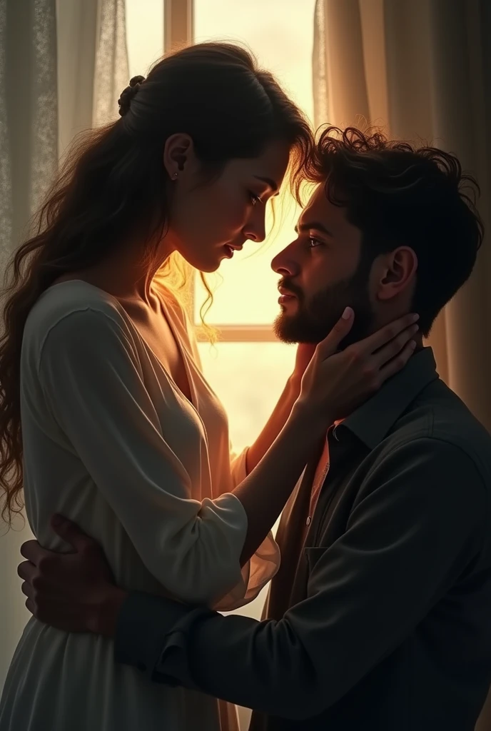 A woman gently holds a man's face, her eyes filled with understanding and care. Behind her, a soft glow emerges, while behind him, shadows and dark thoughts begin to fade away