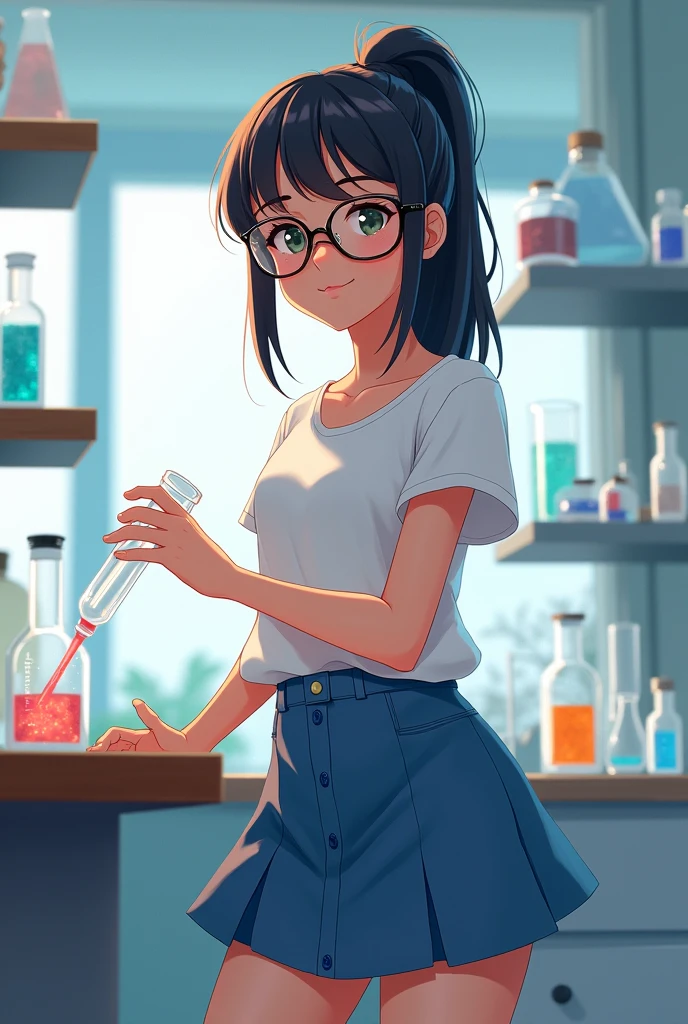 A town young big girl wearing specs and tied hair in a ponytail wearing white tshirt and blue mini skirt. She doing science experiment in lab