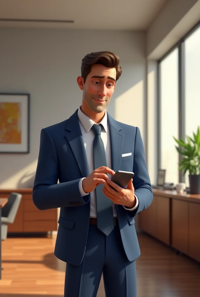 A man in a blue suit working on a cell phone in an office background, , in a formal outfit Disney Pixar Version