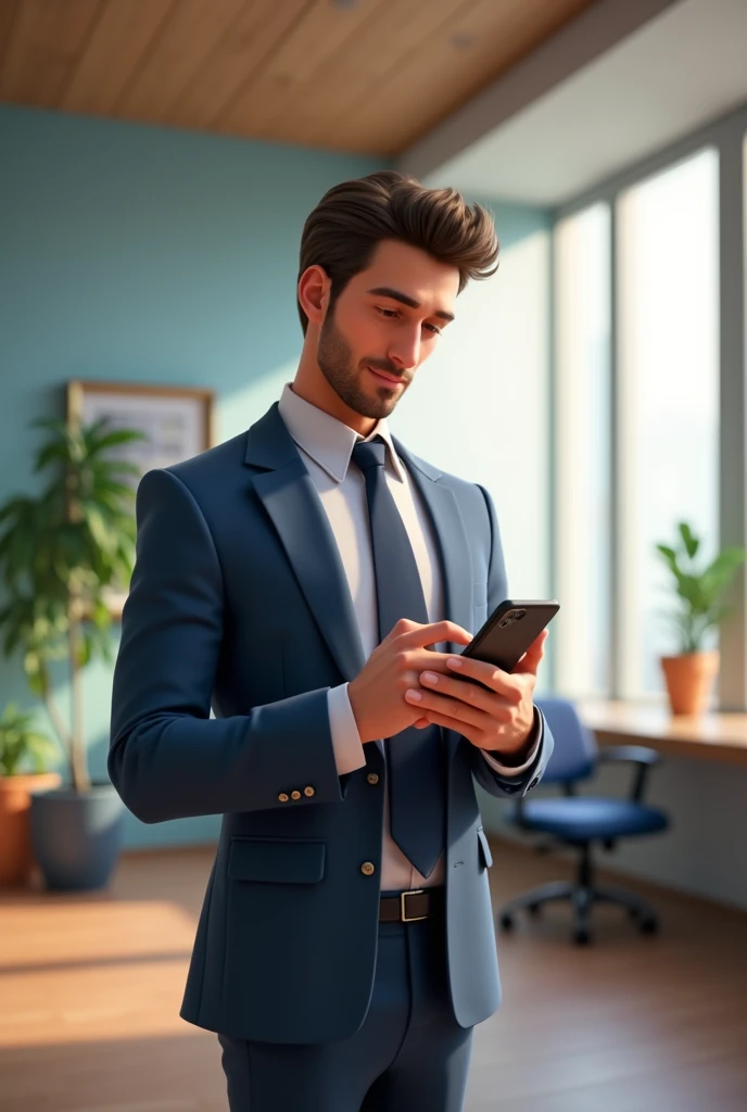 A man in a blue suit working on a cell phone in an office background, , in a formal outfit Disney Pixar Version