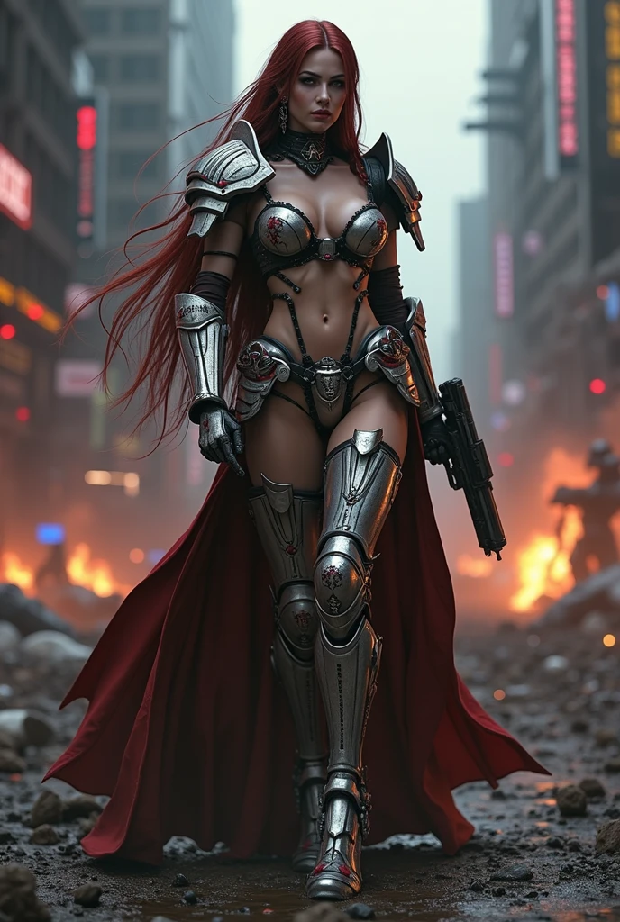 Full body pose sexy sisters of battle from the warhammer 40k, shooting at the enemy, red space marine armor with intricate details, white space marine armor with intricate details, symbols on the armor, sisters of battle, warhammer 40k, Massive exposed silicone breast, pale skin, seductive, temptation, eat your soul, clevage, long red flowing hair, long white flowing hair, long black flowing hair with purple highlights, heavy gothic makeup, at night, neon, beautiful detailed eyes, beautiful detailed lips, extremely detailed eyes and face, long eyelashes, highly detailed armor, intricate futuristic weaponry, dramatic lighting, cinematic composition, muted color palette, gritty and realistic, mecha, science fiction, hyper-detailed, photorealistic, award winning digital art, 8k, HDR, masters work, in the middle of a battle field, full body combat action pose, explosions and fire around, full war, stunning, Stilleto heels, high heels, full body pose, cinematic, movie trailer, final stand!, nemesis, ready to strike, dust and debree, combat screams, attacking, shooting at the enemy, running forward, last line of defense, charging, fanatic, religious, templar knights, sisters of battle, warhammer 40k, shooting at the enemy, bimbo gigantic exposed breast, jetpacks, space marine