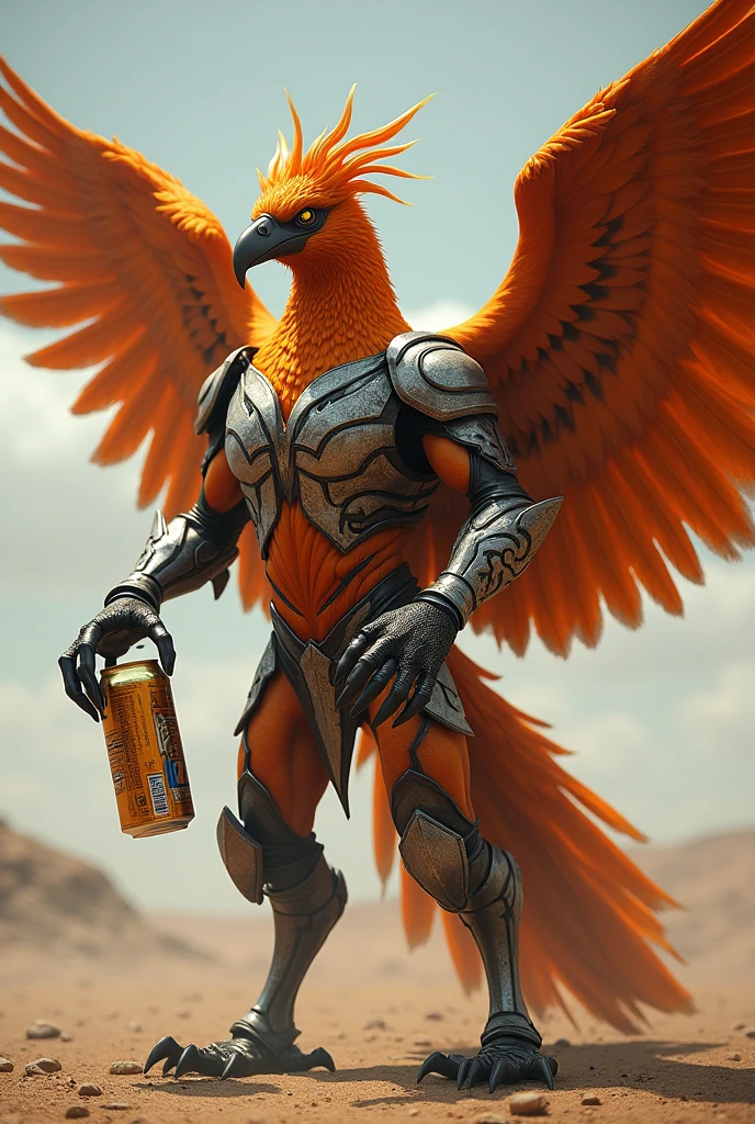 an armored phoenix, with a can of beer in his grip, without this flying
