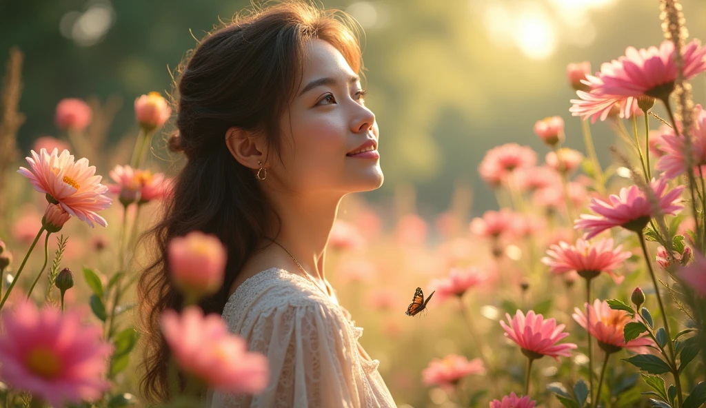 A woman in a flower garden, feeling blessed.