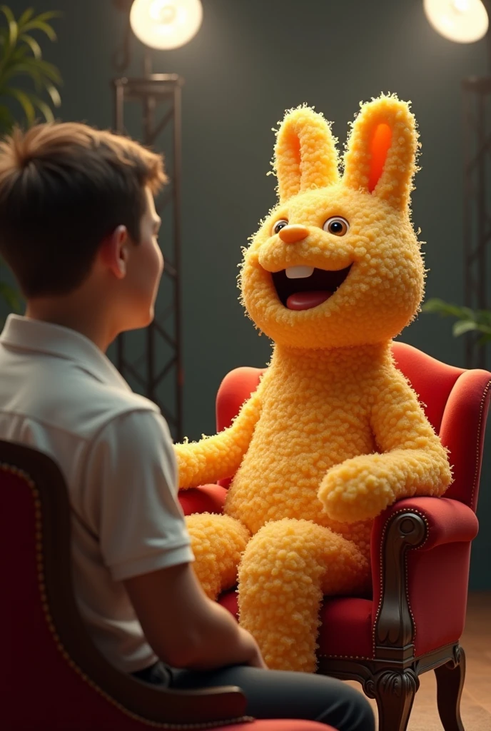 I want an image of a crispy, golden patacón, placed on a fancy sofa on an interview set. Next to the patacón, there is a person dressed as a golfer, with a polo shirt, who is asking questions to the patacón with a curious and friendly expression. The scene is set on an interview set, with bright lights and a camera focused on the patacón. The style should be realistic, with attention to detail in the texture of the patacón and in the golfer's clothing. The image should convey a feeling of warmth and joy, evoking a fun and light moment of an unusual interview.
