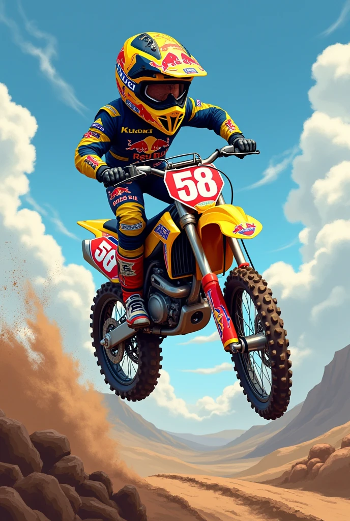 Caricatura
Supercross
Suzuki Rmz450 amarilla saltando casco redbull plate name lucho Number 58