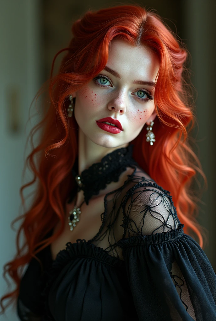 A very beautiful toreador vampire with extremely red hair, she has one blue eye and one green eye, she also has freckles, She has noble origins and is very fond of jewelry and always wears high heels., your high heel is elegant and chic, at the moment she is wearing modern 21st century clothes