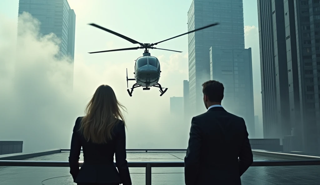 on the roof of a building, helipad, helicopter, with two passengers, cinematic, realistic, 4k