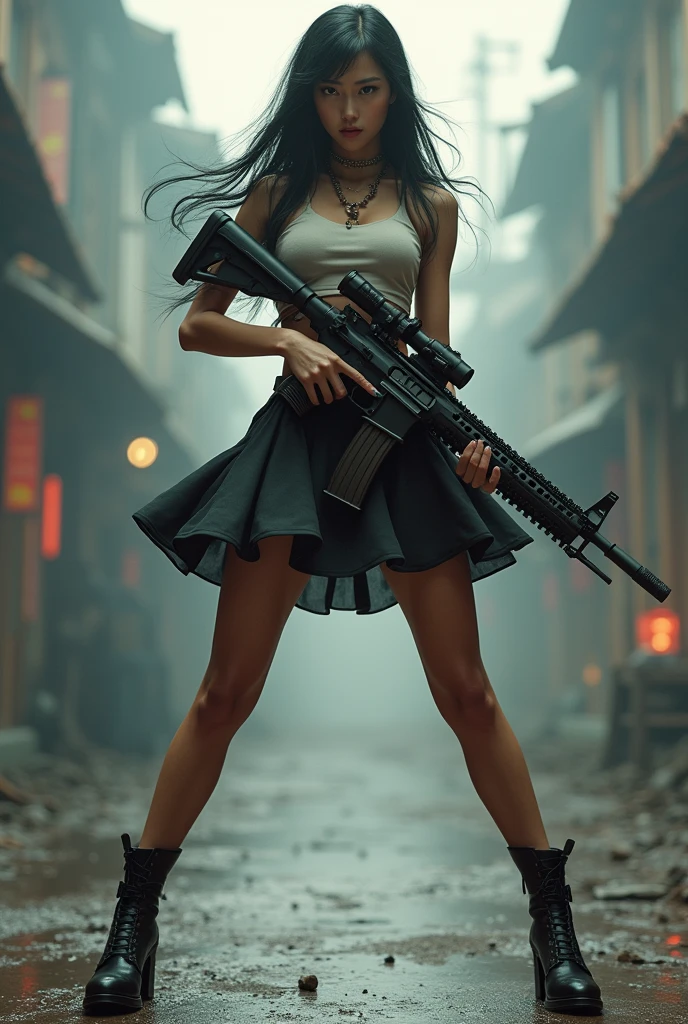 beautiful chinese OL mini skirt realistic long machine gun toting real person legs spread apart standing rampage shooting side target facing