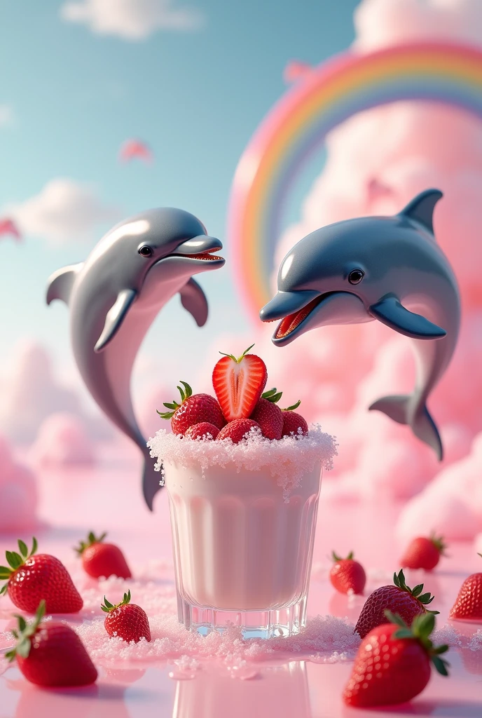 Dolphins jumping over the water to eat a glass of strawberries with cream, but the landscape comes out with pink touches except for the cream and a RAINBOW 