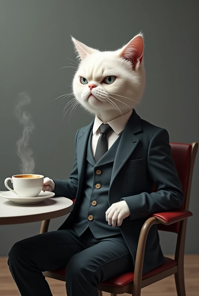  a white Grumpy Cat, who is sitting in a smart suit, drinking black coffee, specifically an espresso. sitting in a chair, having a table next to it, with a cup of coffee in hand. The background was grey, but highlighted the depth. 