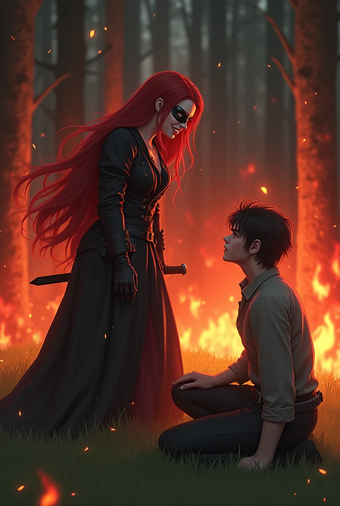 The red-haired princess and her mask on her face in an environment with red flames, kneeling before him with a sharp sword hidden behind his back, handsome, brunette and straight hair, The red-haired princess is smiling slyly at the prince, who is looking at the princess&#39;s angry and sly gaze with pleading eyes..The atmosphere is vivid and realistic, like a forest burning red, The green field burns in red. The prince kneels before the princess. JUST LIKE I TOLD YOU, CREATE THIS AS I TOLD YOU. NO, THE PRINCE KNEELS BEFORE THE PRINCESS..The princess looks taller than the prince, but the prince has fallen to the ground. The princess looks at him as if she is pleading. The princess grins slightly and looks into the prince&#39;s eyes..Prince, He kneels before his lady.Let it be realistic, Don&#39;t be an anime