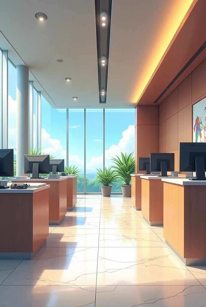 anime style art, bank tellers without people