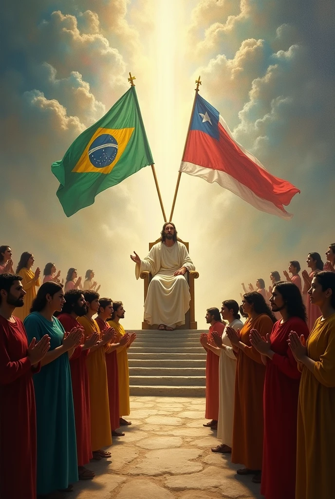 I want you to make me a painting of the evangelical Christian religion where you can see people worshiping Jesus and God sitting on his throne in the middle of light and people are kneeling or standing for the countries Brazil of South America and Costa Rica of Central America. I want the flags of both countries to be seen.
