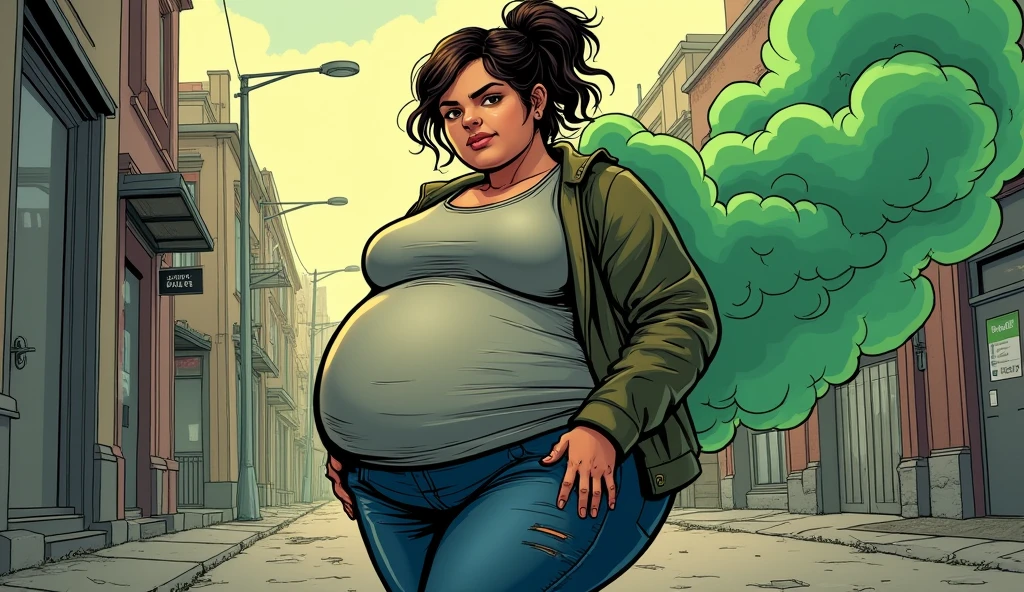 beautiful obese young homeless woman with worn out clothes farting and releasing olive green stink fumes out of her buttcheeks, comic book artstyle