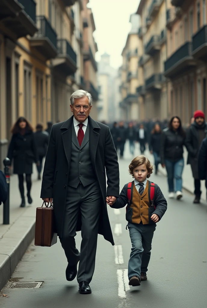 A photo divided in two, on one side a man and on the other a  walking down the street. 
