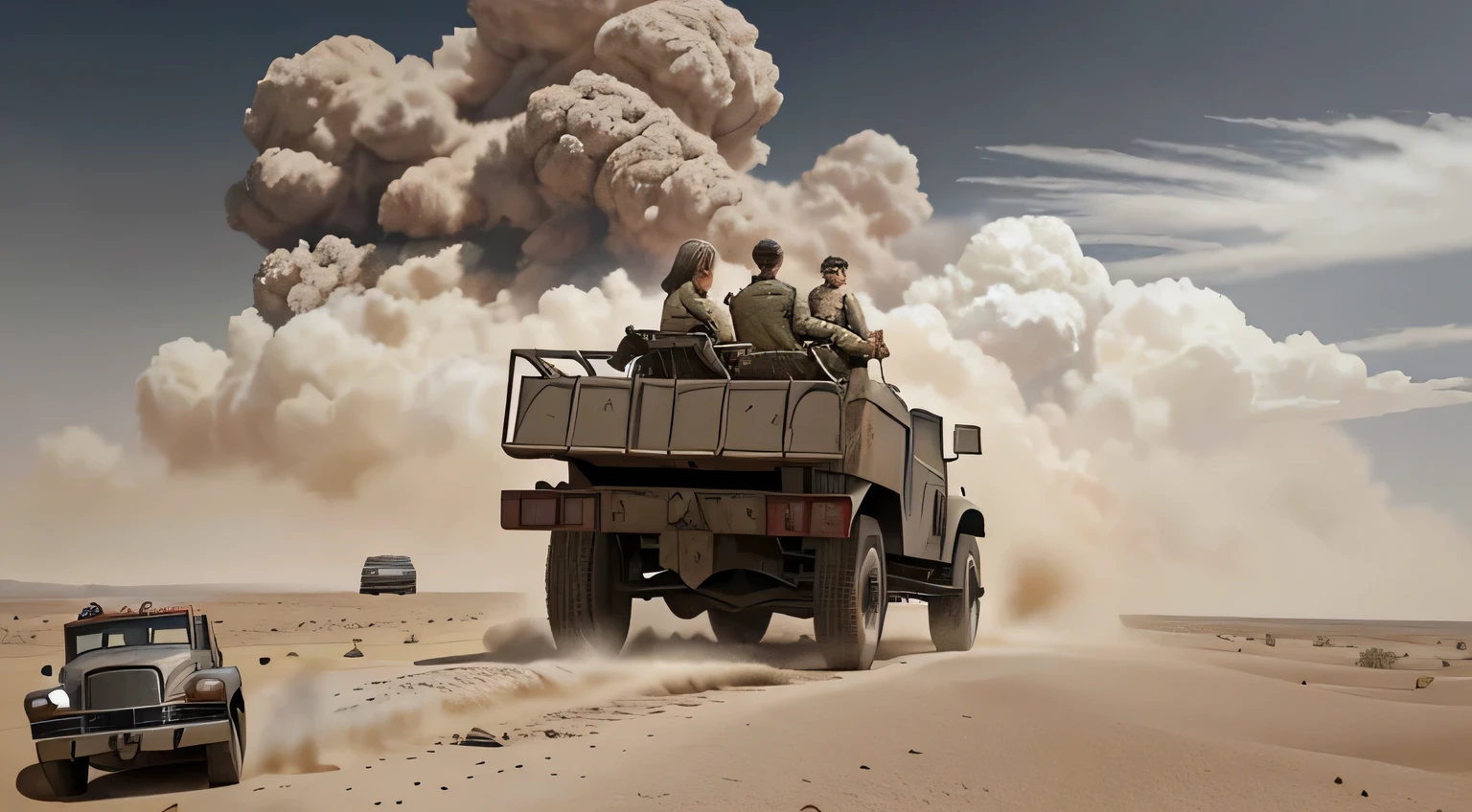 Jack and Jo-Anne, in their old, fast-moving war truck, try to escape the siege being formed by the anti-Christian army in the middle of the hot desert and the clouds of dust formed by the incessant wind.

