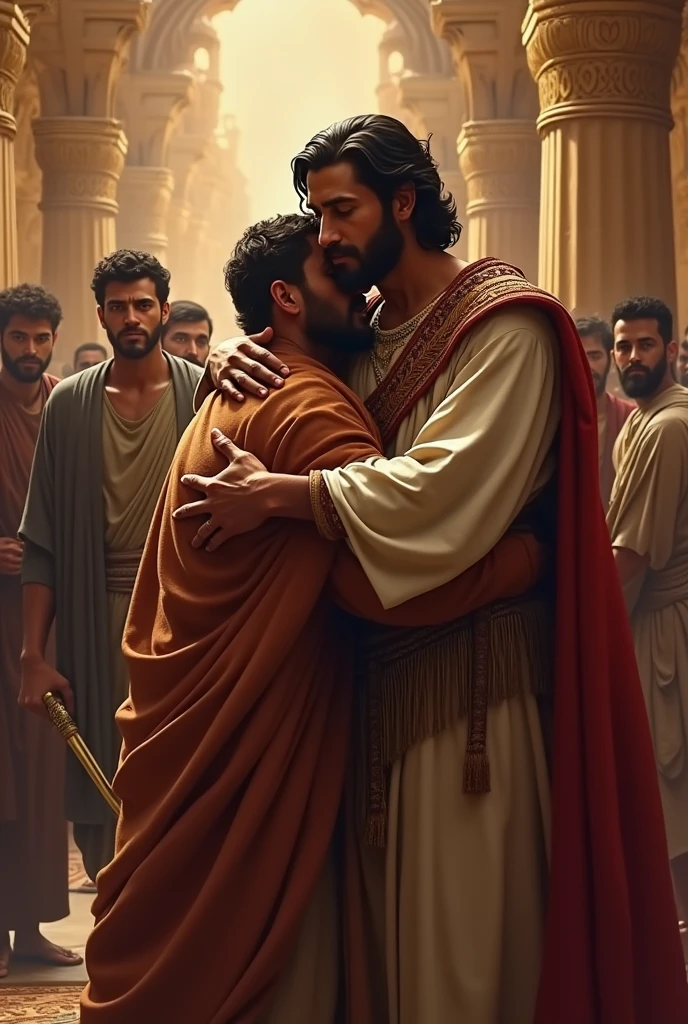 Biblical character Joseph as governor embracing his brothers