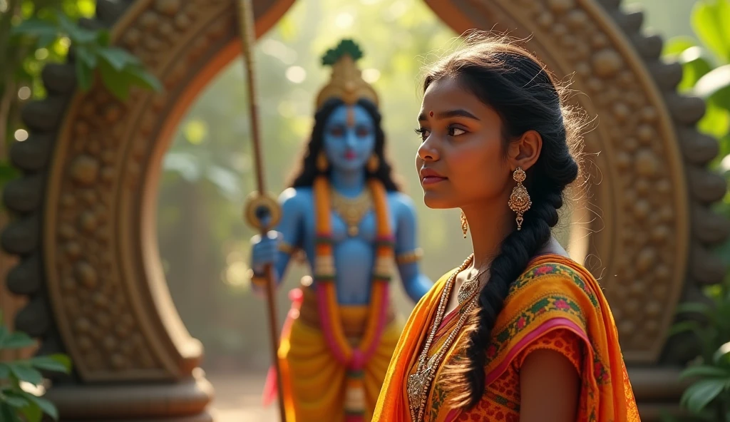Kerala girl in traditional dress, in front of Krishna,with in hand bow background sunlight