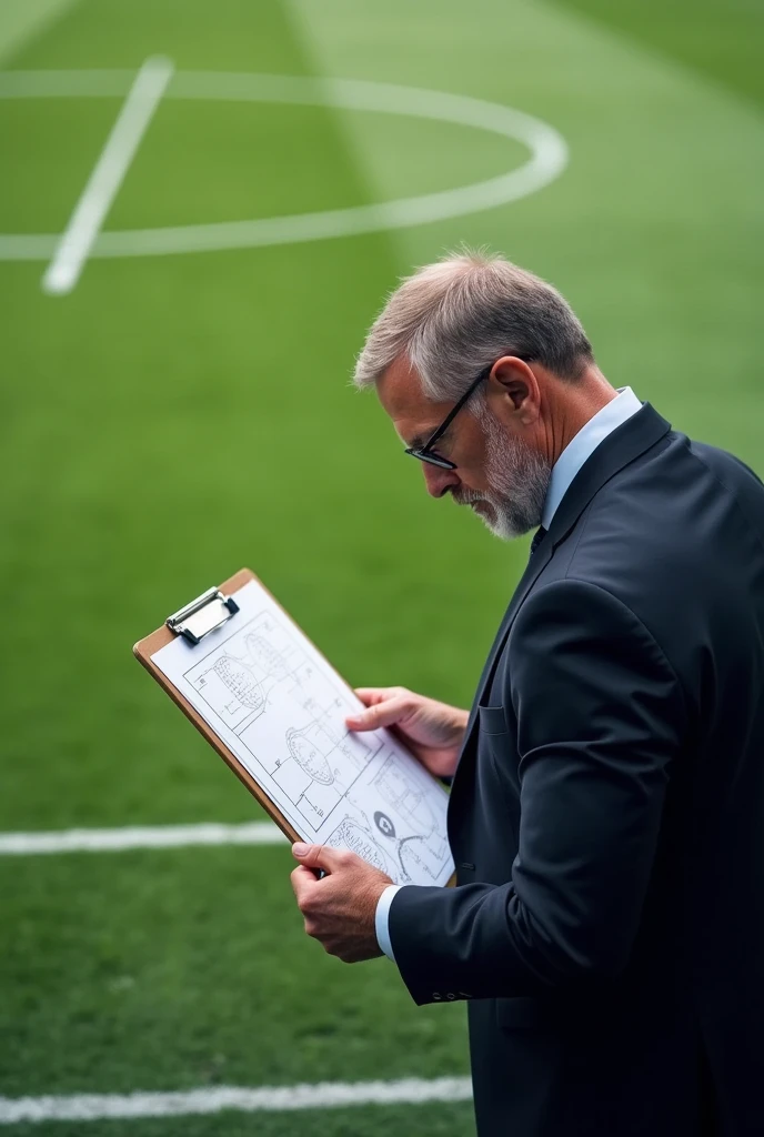 I want the work to be 1080x1080, A coach making a tactical plan on a football field can only