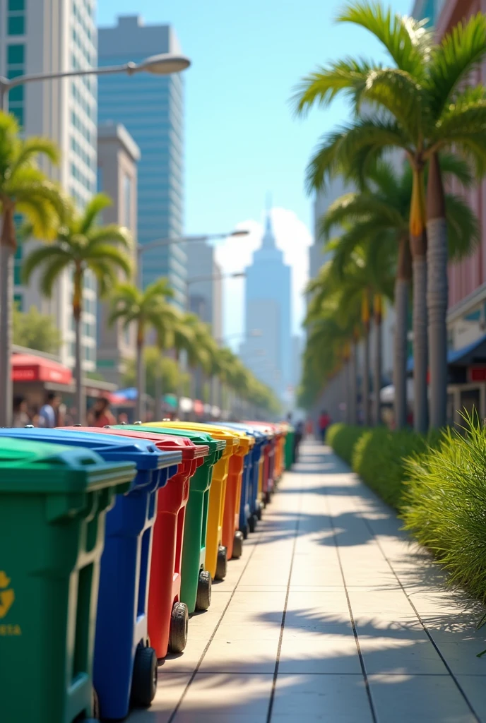 generate an image of recycling bins lined up on a sidewalk in a Brazilian city