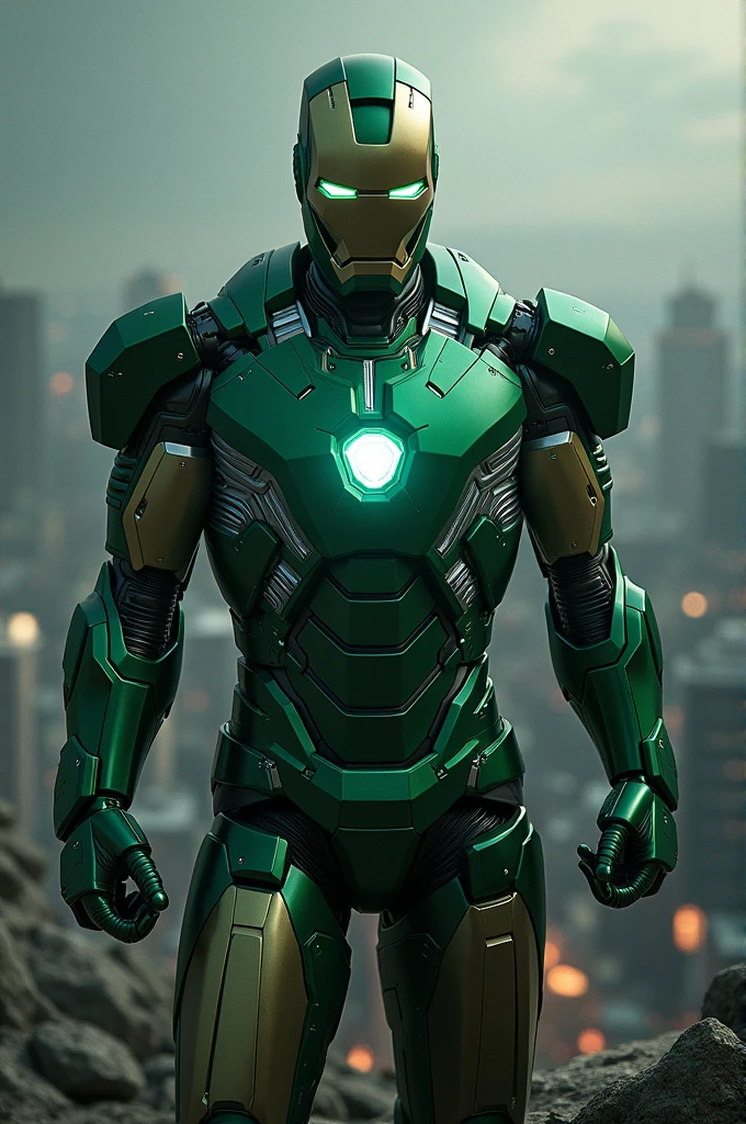 A iron man suit in dark mettalic green and silver color, in a dark background of a city. 