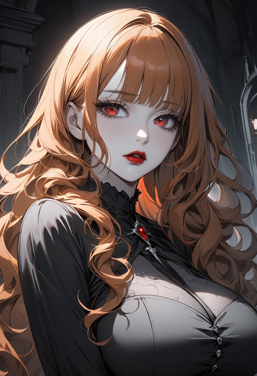 ((best quality)), ((Masterpiece)), (details), 1 woman, big breasts, orange hair, red eyes, ((My hair is very long., long wavy hair)), (Bangs:1.5) , curve, large breasts, huge breasts, beautiful face, Long eyelashes, Thick eyelashes, Pale skin, canine, Dark Gothic Dress, incredible light, Mood swings, movie elements, Stunning shadow, Muted color palette, Dark and mysterious, vampire, red lips