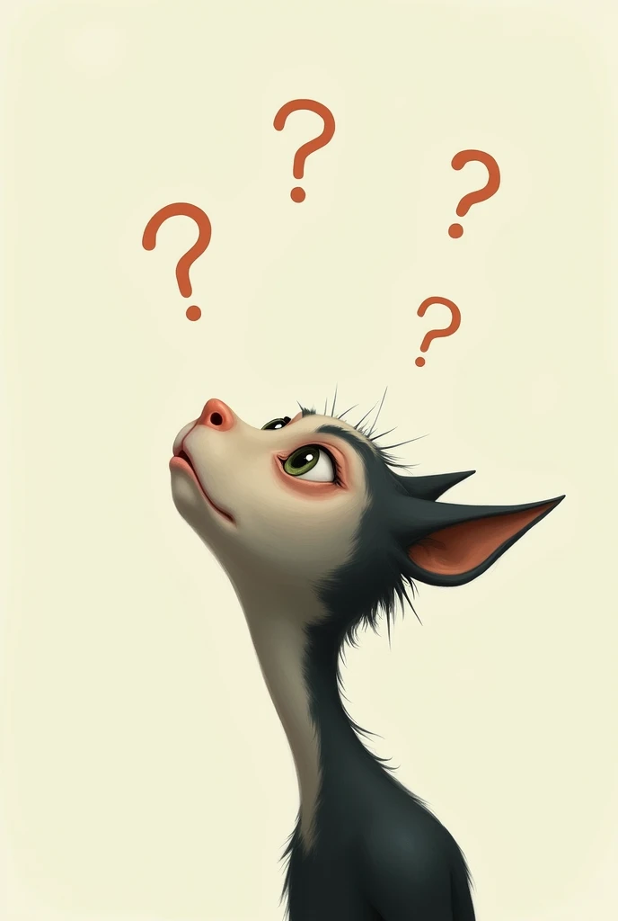 Head of someone looking up, thinking . Backround is clean , on top of the head qestion marks, not human , can be animal or something