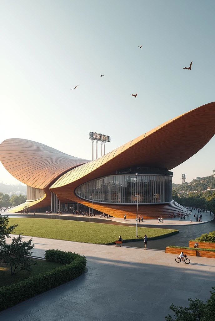 Visualize a stadium with a unique design that simulates the elegance of a monarch butterfly, but with only one wing spread out to one side, extending to form a huge grandstand. The structure suggests the outline of a butterfly , with fluid and curved lines that evoke its shape, while the other wing appears to be at rest or hidden behind the stadium. Antennas become lighting towers, and the architectural design maintains a sophisticated palette of neutral and metallic tones, bringing a modern and elegant touch. Wider, broader and more creative 