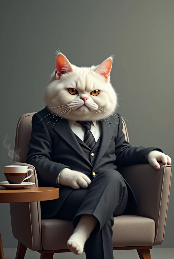 a white Grumpy Cat, who is sitting in a smart suit, drinking black coffee, specifically an espresso. sitting in a chair, having a table next to it, with a cup of coffee in hand. The background was grey, but highlighted the depth.