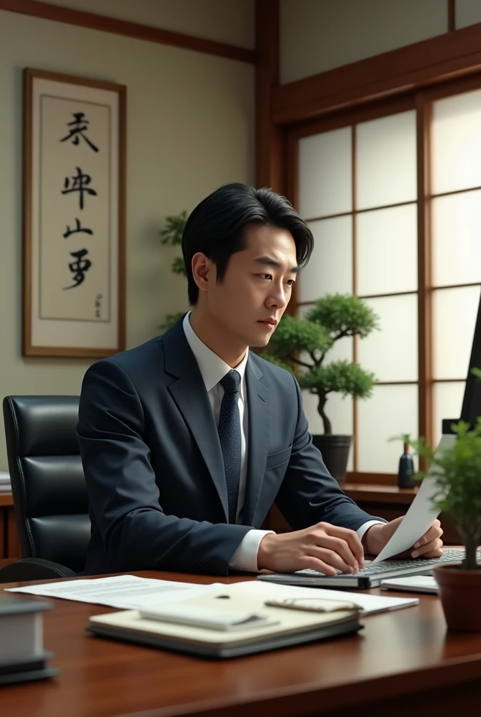 Make a realistic image with A japanese man working in a office room with japan background