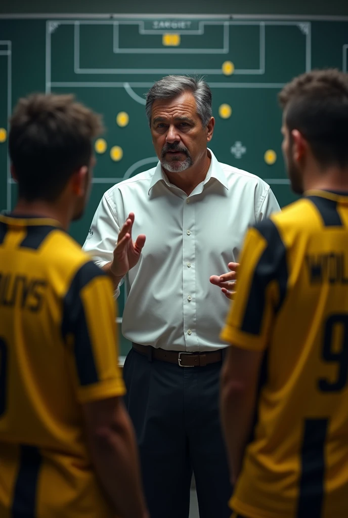 4 white coach with a mustache and goatee giving tactics on the board to his players, players in yellow and black uniform, similar to Wolves, in a realistic framework