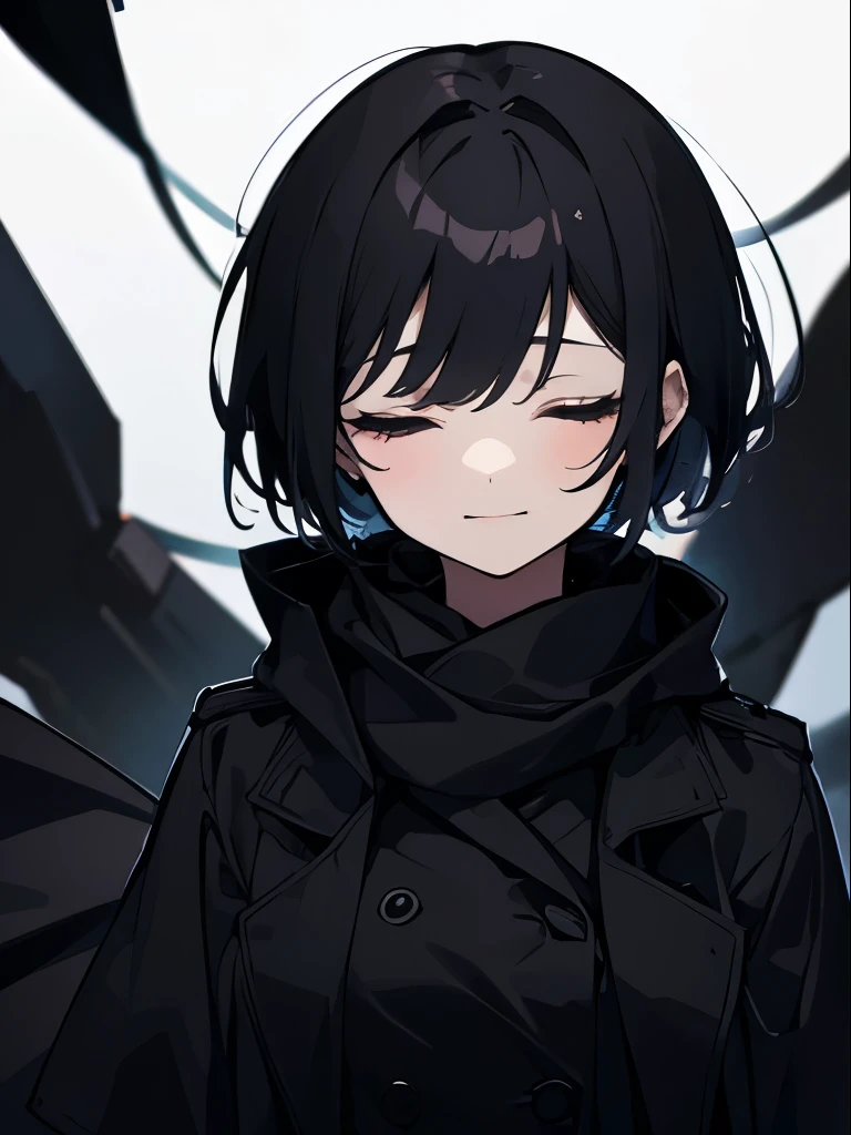 (One Girl), Black Hair, (Close ~ eyes) Chiban, Wear a black trench coat, Black scarf, Bloody,  short hair, (Wicked Smile), Upper Body, front, Dark Background, Close your mouth