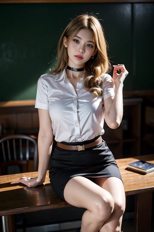 (Masterpiece, best quality, alone, รายละเอียดที่complicated, Chromatic aberration), realistic, full body image,((Moderate breath)), hair in one eye,purple eyes, earring, sharp eyes, choker, (symmetrical eyes),(Perfect symmetrical body),Photo of a beautiful 2 girl, Beautiful and charming with contemporary fashion paintings as well....., looking at the audience, ((in the classroom background)), (1 ),(black short skirt), (white short sleeve, ((Open your shirt and show your chest a lมันtle.., very good,)) Open the shirt to reveal the chest.), ((Short black pencil skirt with side slits..)), belt, stilettos,((Put your hands down.)),Copper blonde hair, Bob, round chin, Art lens 85mm, Sharp focus, High resolution 8K, Crazy details, complicated, elegant,sitting on the study table Lift one leg to eye level.., legs slightly apart.,big breasts,big breasts, dynamic gesture,