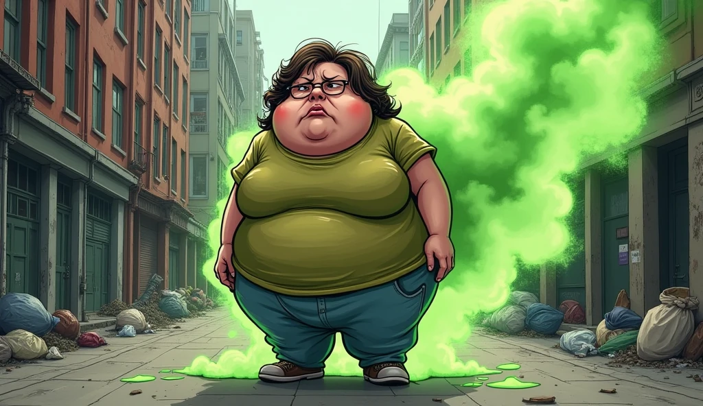 beautiful obese young homeless woman with worn out clothes farting and releasing olive green stink fumes out of her behind, comic book artstyle