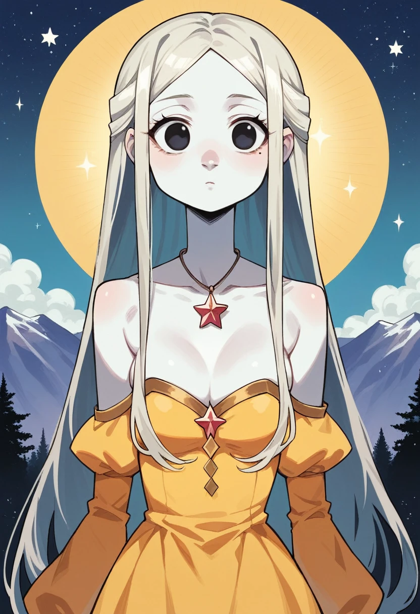 young woman, 2, very long blond hair(straight with bangs), dimpled chin, sunken cheek, caressed jaw, white skin, round black eyes, princess, large nose, mole, pendant with a star, manga style , comics,background with trees and mountains, white yellow dress,breast 