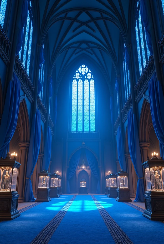 Can you create a huge royal hall??, very wide, with gothic style windows with blue curtains, with completely blue walls and very little French medieval style furniture, blue carpeted floor, blue carpets, completely blue upholstery, very intense, through the blue stained glass windows , opaque cases?
INFO