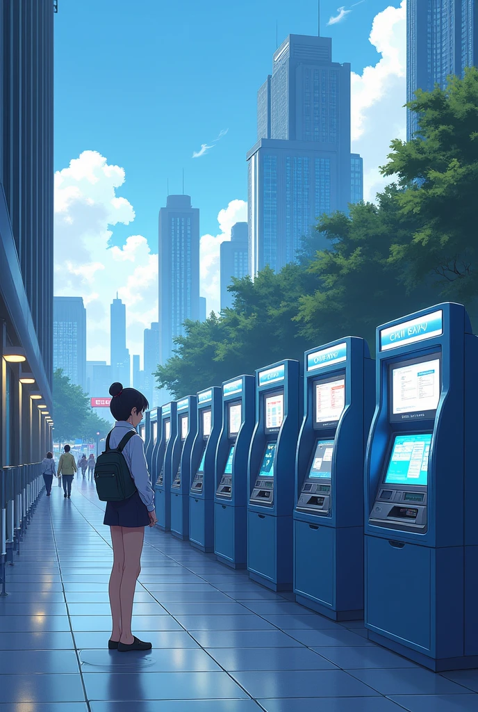 anime style art, bank ATMs without people