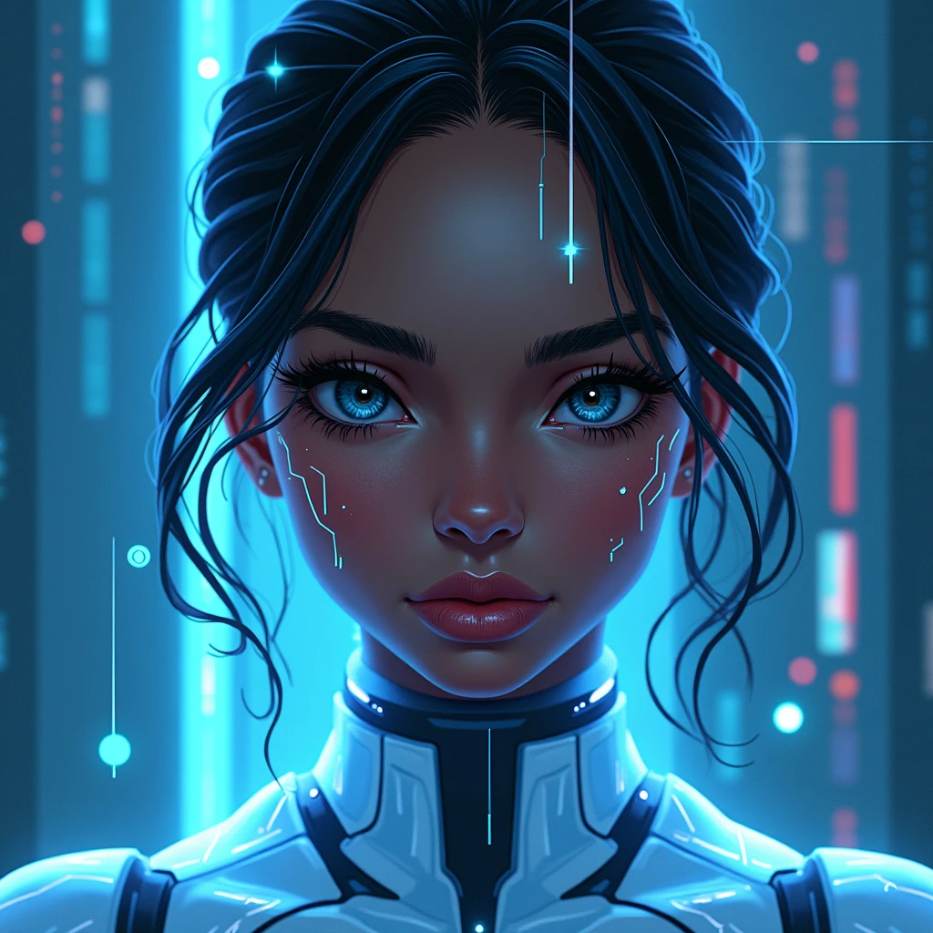Cover design for a song about distrust and artificiality towards a woman created by an AI. The image must include a light-skinned black woman, with fine strokes, and with an appearance that mixes human and technological elements, highlighting that it is &#39;made in an AI&#39;. Use digital elements, as circuits or programming codes, to accentuate the artificiality. The scenario may be futuristic, with predominant colors in blue and silver. The woman must look elegant, but with an aura of mystery and a slight touch of &#39;robotization&#39; 