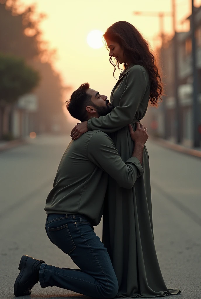 On an empty street, a man is on his knees, holding tightly around a womans waist. The woman, standing tall, has subtle tears in her eyes, as if overwhelmed by the moment. The scene is filled with emotion, capturing a powerful and intimate connection between them.