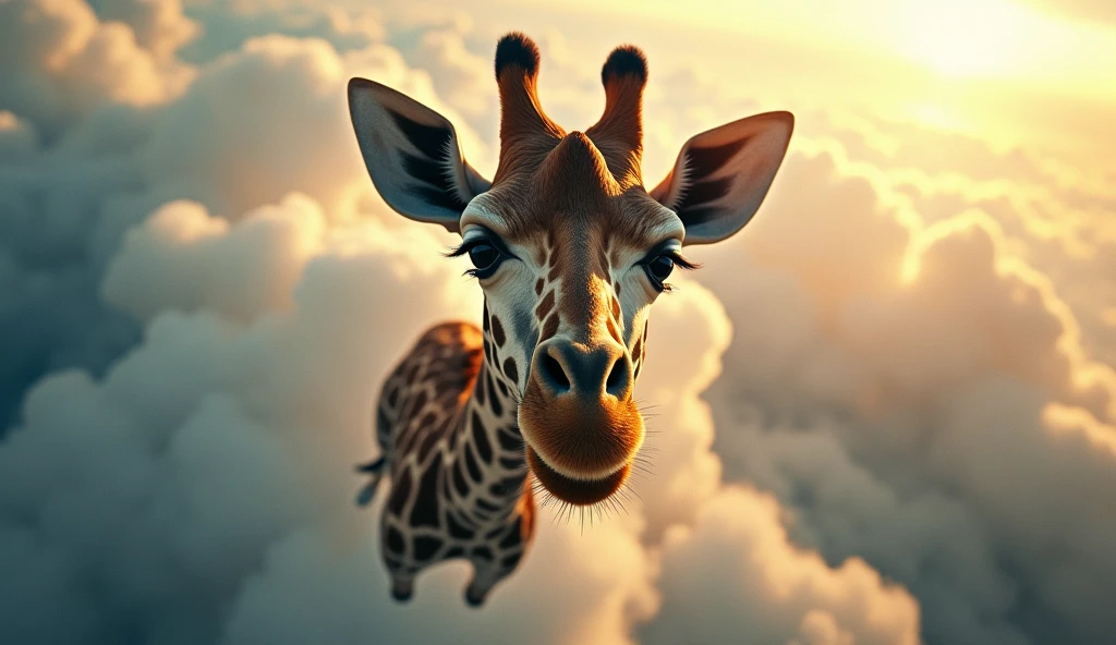 a giraffe skydiving without parachute, beautiful detailed eyes, extremely detailed face and fur, 1 giraffe, high quality, 8k, photo-realistic, cinematic lighting, dramatic action pose, intense wind and motion blur, vibrant colors, breathtaking scenery, dramatic cloudy sky, bright sunlight