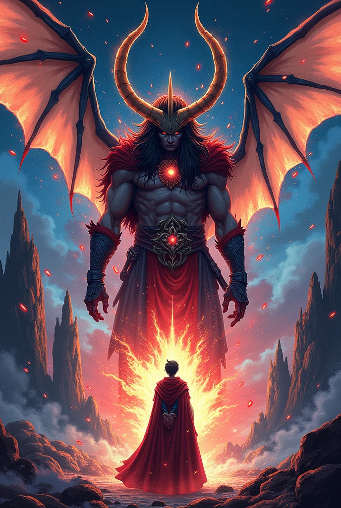 I want you to make three Arts, one of Spine, the other on the cover and the last on the first flap of the book, manga style art, para light novel, the idea of the theme and Demon Lord and Hero Connected, Vol 1, A16. "The three Arts must be in one"