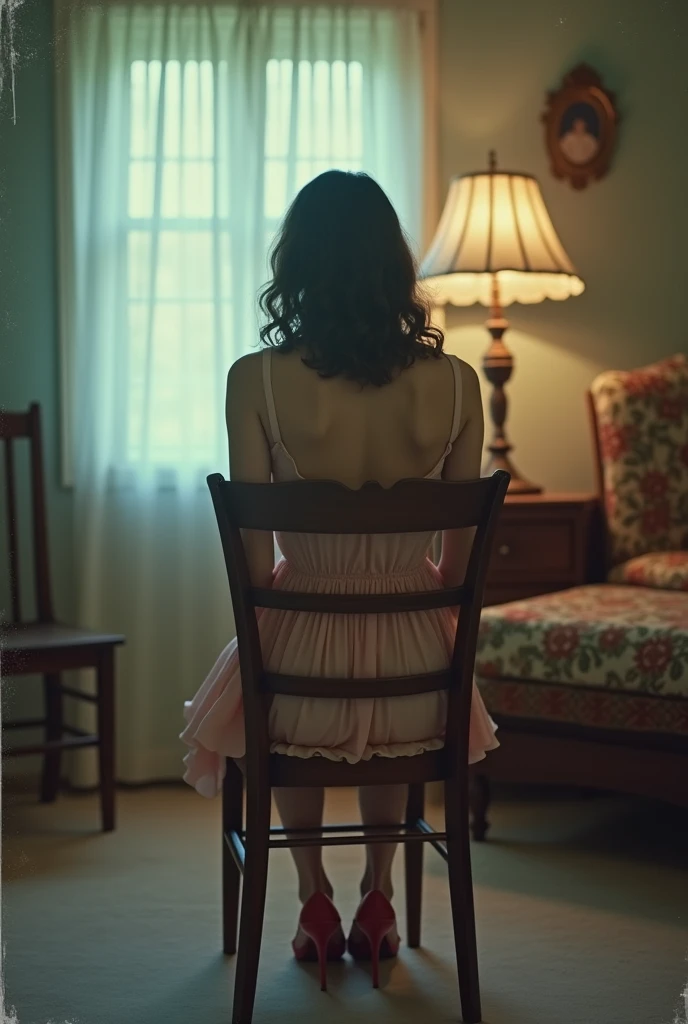 girl in her 20s sitting on wooden chair, wearing a beige-pink summer dress, 1980s vibe, vintage vibe, wearing high heels, back view, back shot, behind shot, faded photo, vintage house, cool lighting
