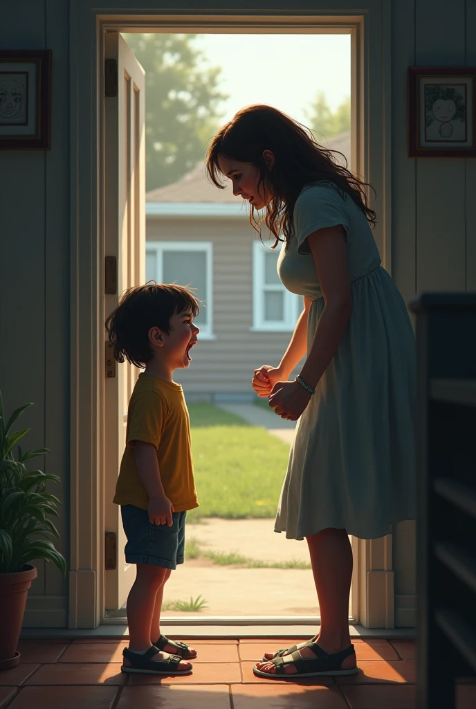 An angry mother at the door of the house and a in front of her crying (cheered up)