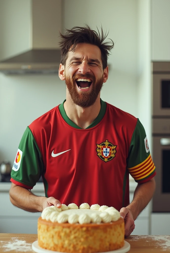 Messi with no teeth and badly cut hair dressed in a Portugal football shirt cooking a cake in his white kitchen with an oven while laughing.