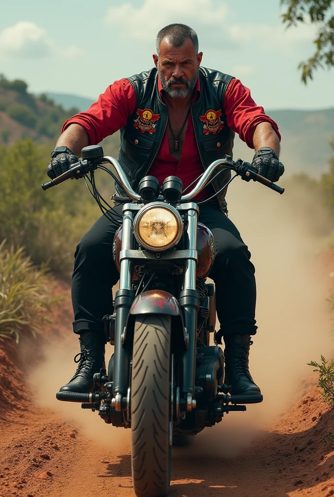 Motorcyclist with a vest with the Satans Coat of Arms riding a Harley Davidson in the Northeastern Sertão with a red shirt, black pants, Black leather boots and vest with head facing forward