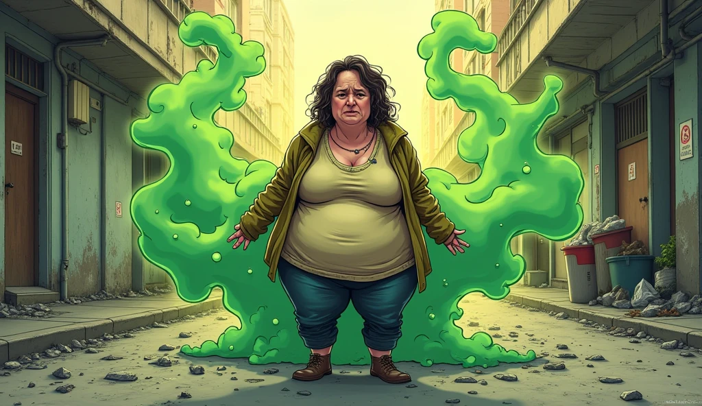 beautiful obese young homeless woman with worn out clothes farting and releasing olive green stink fumes out of her behind, comic book artstyle