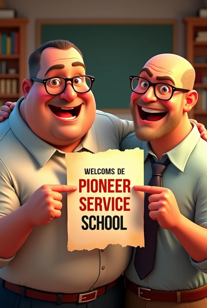 Clear, Let&#39;s adjust the description to include a Nordic character:

**Poster Description:**

1. **Main characters**:
   - **first man**: calvo,Without beard ,about 50 years old, like light skin, Glasses , with overweight.He wears a shirt and tie, and holds a Bible.
   - **Second Man**:calvo, Without beard, with more Mediterranean or Latin American characteristics. Tiene piel un poco más oscura y Glasses. He also wears a shirt and tie, and holds a Bible.

2. **action**:
   - Both men are enthusiastically pointing at an invitation sign that is in the center of the poster.

3. **Invitation Poster**:
   - The poster has the text in Spanish: "Welcome to the Pioneer Service School"  in big, friendly letters.

4. **bottom**:
   - A simple background that suggests an educational environment, like a wall with bookshelves or a cozy classroom.

5. **style**:
   - The style is vibrant and cartoony in the style of Pixar, with bright colors and warm expressions that convey a cozy and cheerful feeling.

This approach ensures that both characters are distinct and representative., keeping the friendly essence of the poster.