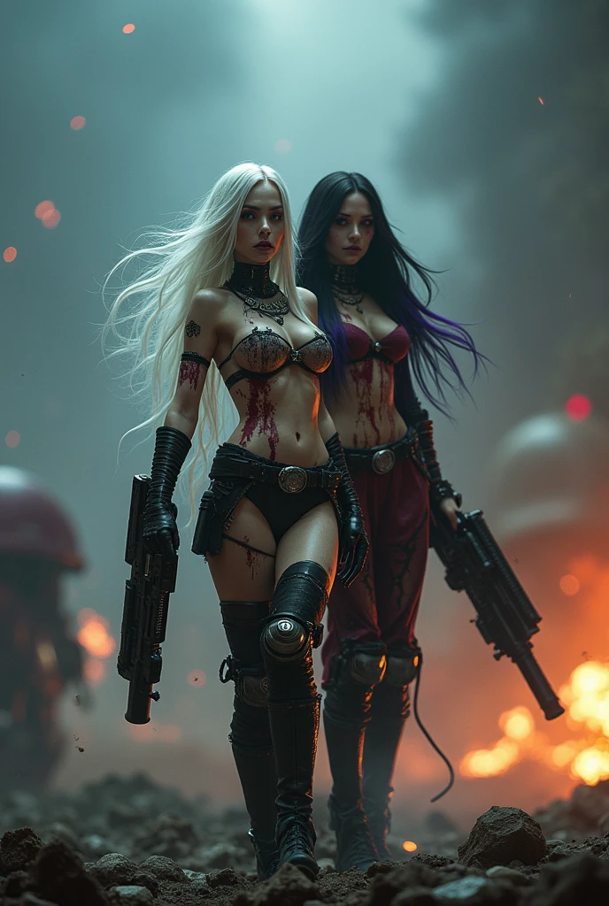 Full body pose sexy sisters of battle from the warhammer 40k, wounded in war, blood covered, shooting at the enemy, red space marine armor with intricate details, white space marine armor with intricate details, symbols on the armor, sisters of battle, warhammer 40k, Massive exposed silicone breast, pale skin, seductive, temptation, eat your soul, clevage, long white flowing hair, long black flowing hair with purple highlights, heavy gothic makeup, at night, neon, beautiful detailed eyes, beautiful detailed lips, extremely detailed eyes and face, long eyelashes, highly detailed space marine armor, intricate futuristic laser weaponry, dramatic lighting, cinematic composition, muted color palette, gritty and realistic, mecha, science fiction, hyper-detailed, photorealistic, award winning digital art, 8k, HDR, masters work, in the middle of a battle field, explosions and fire around, full war, stunning, cinematic, shooting at the enemy
