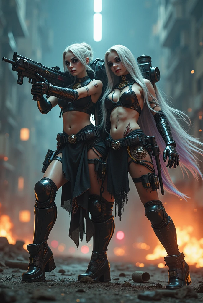 Full body pose sexy sisters of battle from the warhammer 40k, wounded in war, blood covered, shooting at the enemy, red space marine armor with intricate details, white space marine armor with intricate details, symbols on the armor, sisters of battle, warhammer 40k, Massive exposed silicone breast, pale skin, seductive, temptation, eat your soul, clevage, long white flowing hair, long black flowing hair with purple highlights, heavy gothic makeup, at night, neon, beautiful detailed eyes, beautiful detailed lips, extremely detailed eyes and face, long eyelashes, highly detailed space marine armor, intricate futuristic laser weaponry, dramatic lighting, cinematic composition, muted color palette, gritty and realistic, mecha, science fiction, hyper-detailed, photorealistic, award winning digital art, 8k, HDR, masters work, in the middle of a battle field, explosions and fire around, full war, stunning, cinematic, shooting at the enemy